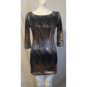 As U Wish Lined Black Gold & Silver Party Sequin Dress Mini Size M, NWOT
